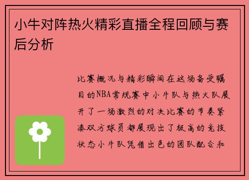小牛对阵热火精彩直播全程回顾与赛后分析